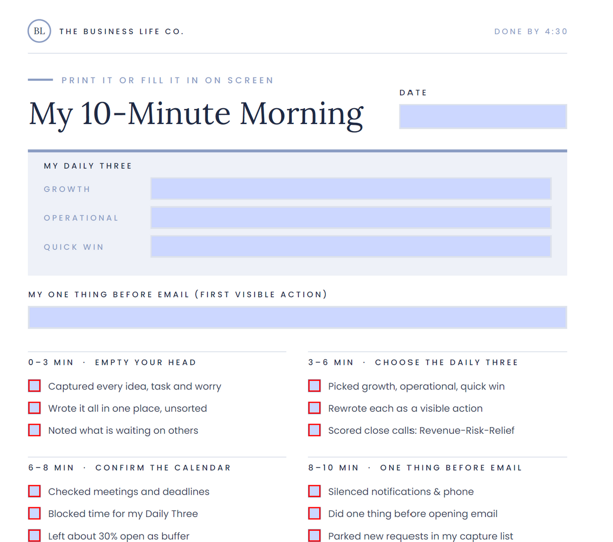 Daily Focus Planner for Business Owners | Fillable & Printable PDF
