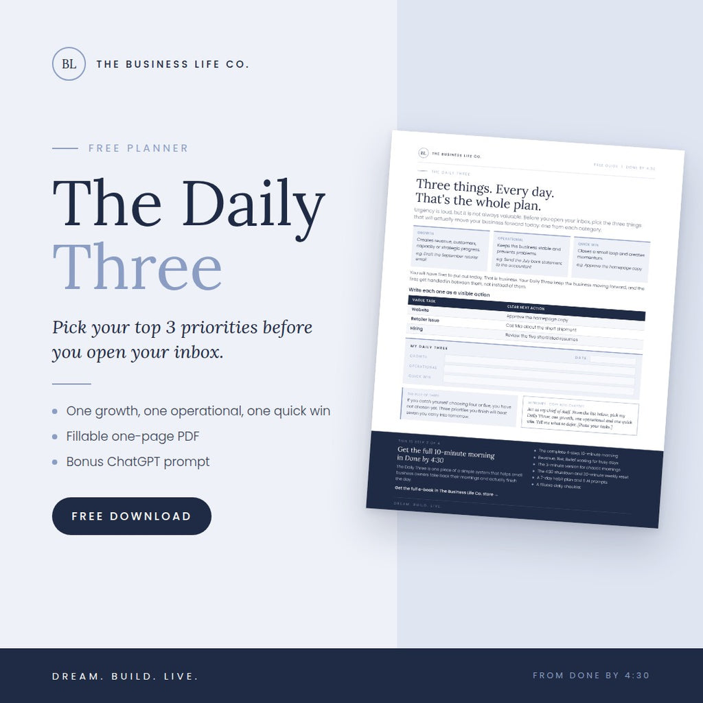 The Business Life Co. Daily Three digital productivity planner PDF with morning routine guide and task categories.