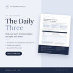 The Business Life Co. Daily Three digital productivity planner PDF with morning routine guide and task categories.