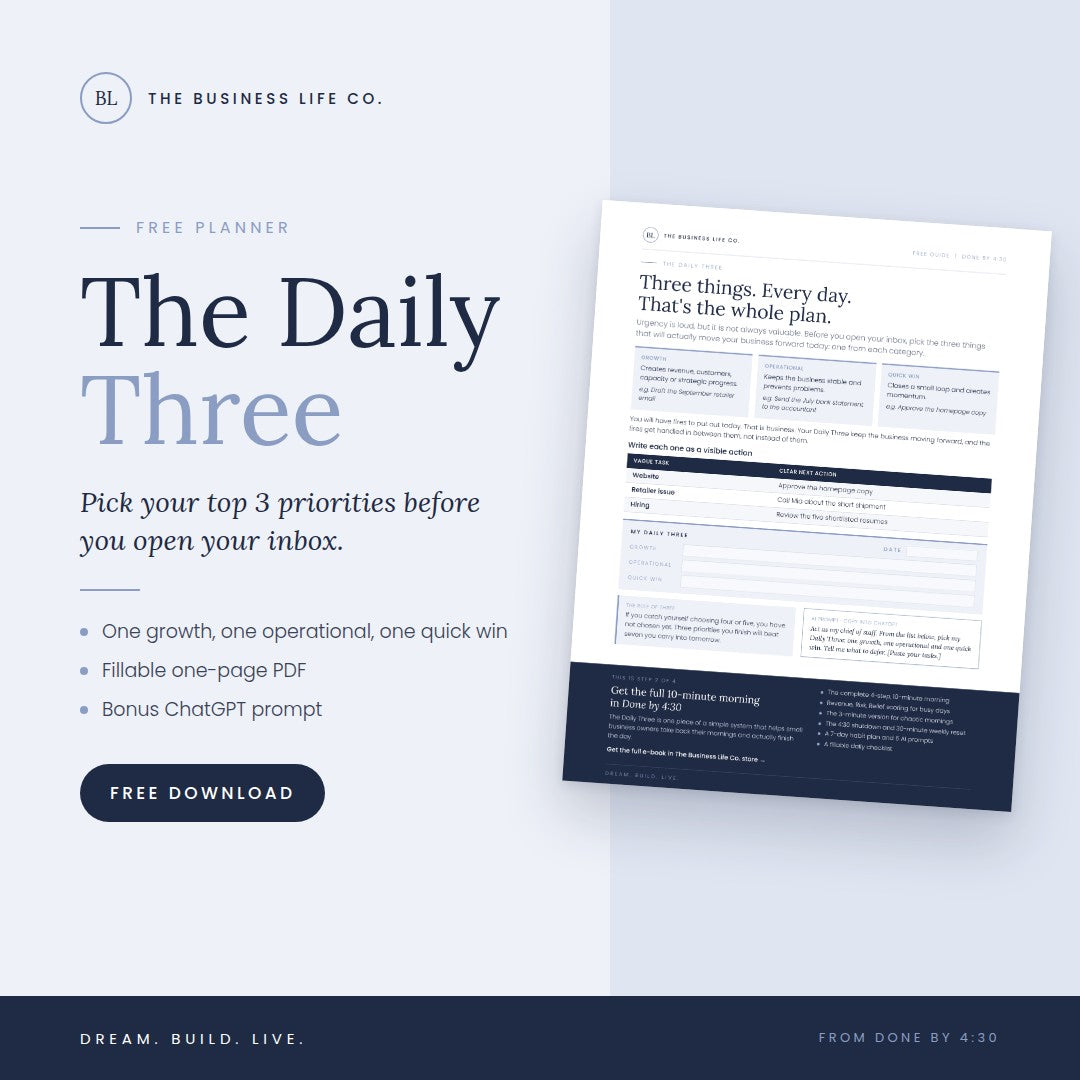 The Business Life Co. Daily Three digital productivity planner PDF with morning routine guide and task categories.