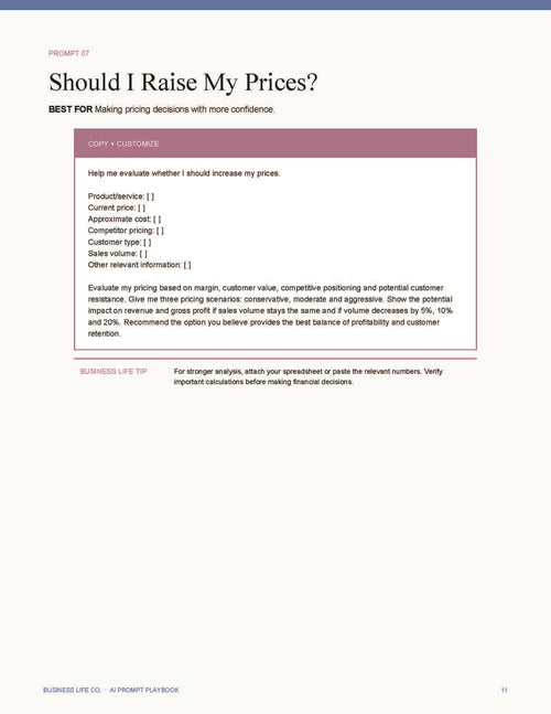 The Business Life Co AI prompt for pricing strategy evaluation with copy and customize fields for small businesses.