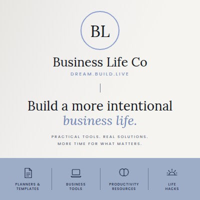 The Business Life Co. digital productivity bundle featuring planners, business tools, and life hacks for entrepreneurs.