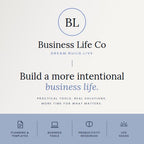 The Business Life Co. Daily Three Productivity Planner branding graphic with text and icons for business tools.